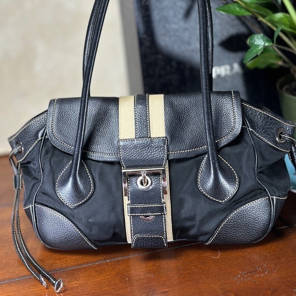 Authentic Prada Vitello Daino Stripe Shoulder Bag. Black.